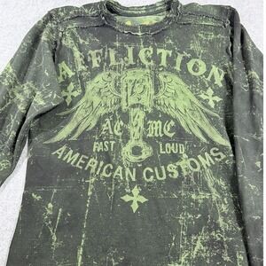 Affliction Mens Long Sleeve Reversible Thermal Skull Wings Rebel Motor Green XL